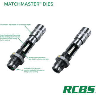 RCBS MatchMaster dies with labeled parts: micrometer seating depth, free-floating seating stem, and bullet-retaining window.