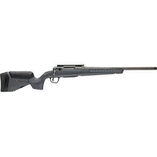 Bolt-action rifle with gray synthetic stock, long barrel, and top rail shown in profile