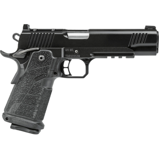 Black semi-automatic pistol with textured grip and trigger guard, side view against white background.