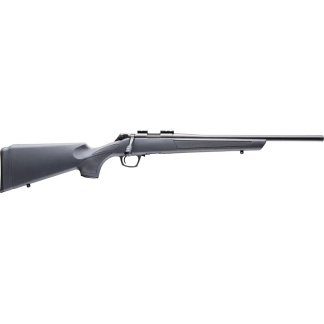 Bolt-action rifle with a long barrel and black synthetic stock seen from the side, ready for use in hunting or sport shooting.
