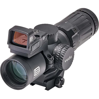 Close-up of a black tactical riflescope with a red-dot sight mounted on top and external adjustment dials.