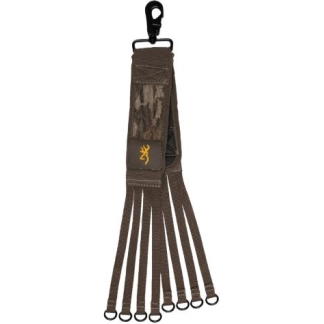 Brown fabric strap with a black release clip at the top and six looped ends ending in metal rings, used as an accessory strap.