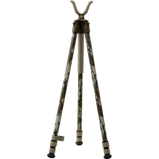 Camouflage camera tripod with adjustable legs and rubber feet for stability.