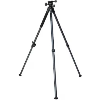 Black three-legged camera tripod with adjustable legs on a white background, ready for mounting a camera or scope