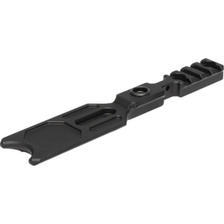Black plastic modular mounting bracket with multiple slots and a circular hole for attachment