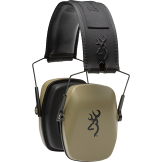 Over-ear hearing protection earmuffs with tan and black cups and a padded black headband, viewed at an angle.