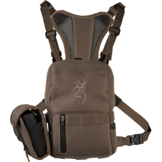 Brown hiking baby carrier backpack with padded shoulder straps, breathable mesh back panel, and waist belt; front pocket and side bottle-holder pouch visible.