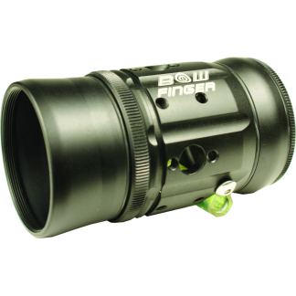 Black BowFinger camera lens adapter with knurled rings and a small green level bubble on the side.