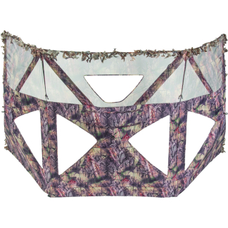 Camouflage-pattern face mask with large triangular cutouts and frayed edges.
