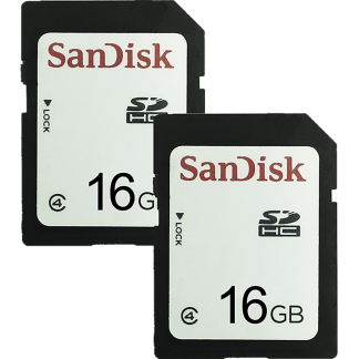 Two SanDisk 16GB SDHC memory cards overlapping, with red SanDisk logo on white label and black housing.
