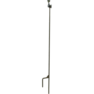 Tall vertical metal stake with a curved bottom hook and a clamp-like top, used as a garden or fencing support.