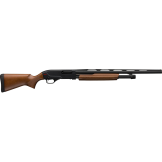 Pump-action shotgun with a wooden stock and fore-end, shown from the side.