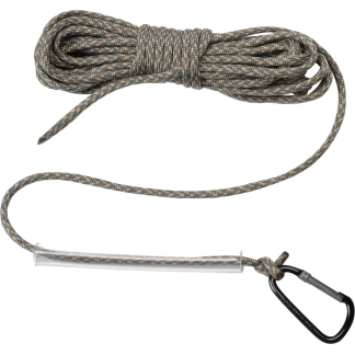Gray braided rope tether with a black carabiner; includes protective sleeve, used to secure or attach gear.