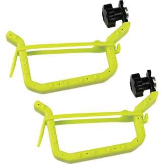 Two neon-yellow adjustable frame brackets with black knob handles, likely part of a clamp or mounting system.