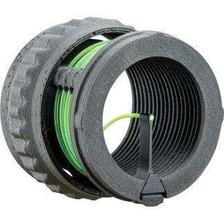 Close-up of a black plastic threaded hose coupling with a green gasket and locking tab, set against a white background.