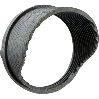 Close-up of a dark gray circular threaded ring with fine internal and external grooves.