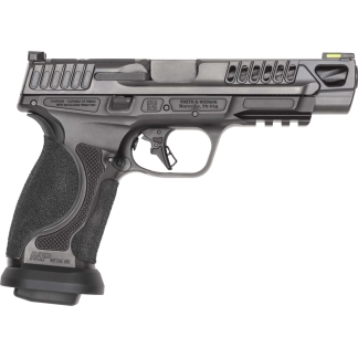 Left-side view of a gray Smith & Wesson semi-automatic pistol with a textured grip and accessory rail.
