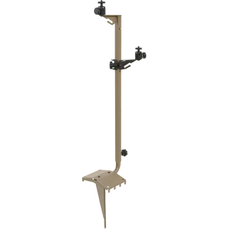 Tall beige mounting post with two adjustable clamps and a ground-spike base for anchoring equipment.