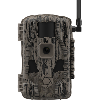 Camouflage trail camera with lens, infrared window, and external antenna on the right side.