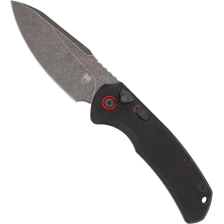 Black folding knife with a textured grip and a gray, partially serrated blade extended from the handle.