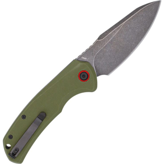 Folding knife with olive-green handle and dark steel blade extended open