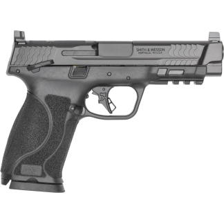 Side view of a Smith & Wesson semi-automatic pistol with a textured grip and serrated slide.