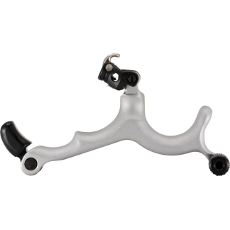 Silver bicycle front derailleur/shifter mechanism with black adjustment knobs and a cable stop, shown against a white background