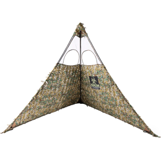 Camouflage hunting blind/tarp shelter with three fabric panels forming a triangular, open-front shelter and two metal arches at the top