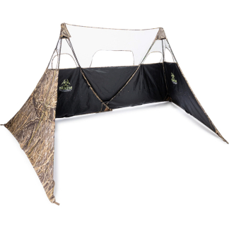 Camouflage hunting ground blind with dark panels, tan camo sides, and a clear top window for visibility in the field.