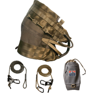 Tactical chest rig with MOLLE straps, two coiled lanyards with carabiners, and a gray accessory pouch.