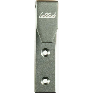 Narrow vertical silver metal device with a hinged top labeled 'Latitude' and two circular holes toward the bottom.