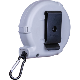 White plastic retractable tape measure housing with a black belt clip and a metal carabiner attached to a lanyard.