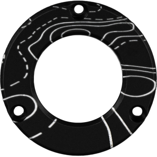 Black circular gasket with white chalk-drawn road-map pattern and three mounting holes for screws