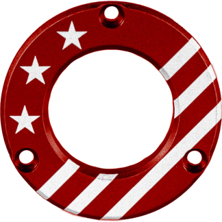 Red circular flange with three mounting holes, featuring white stars and diagonal white stripes along the edge (decorative motif)