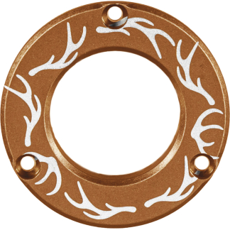 Copper-colored circular metal plate with white vine-like floral pattern and three mounting holes