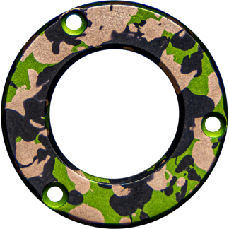 Camouflage-pattern circular flange with a large central opening and three outer mounting holes.