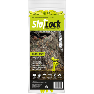 Product packaging for SlotLock outdoor anchoring stakes, bright green label with a tagline and bundled yellow stakes, showing camping gear imagery on the front.