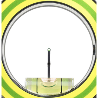 Circular spirit level with a vertical vial and centered bubble, set in a bright yellow-green frame (level tool).