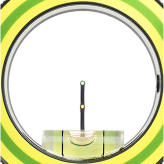 Circular spirit level inside a neon yellow-green frame, showing a vertical vial with green and yellow bubbles for plumb check.