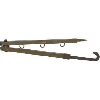 Two-piece brown lever tool with screw tip and curved prong at the end, likely a manual pulling/lubbing device with hooks along the bar.