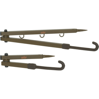 Brown adjustable twin-bar tool with three hooks and a curved hook end, likely a stabilizing brace or mounting support for hardware.