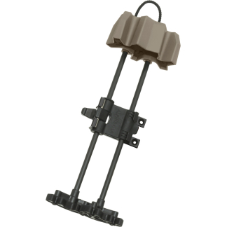 Two black vertical rods connected by a central adjustable clamp, with a brown plastic top piece and a black circular base at the bottom.