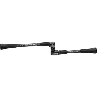 Two-part black adjustable rod with a central hinge and grip ends, labeled Torx Micro Hunting, used to stabilize gear or a rifle accessory (bipod-style).