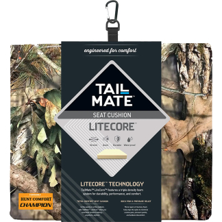 TailMate LiteCore seat cushion product tag hanging from a carabiner, set against a camouflage background, highlighting comfort features and logo.