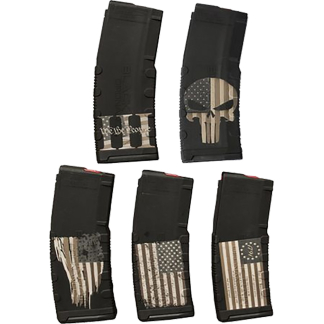 Five black rifle magazines laid out in a cluster, each with tan camouflage or American flag-style artwork on the lower portion.