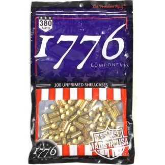 Package of 100 unprimed brass shell casings from 1776 Components, with red-white stripes and patriotic design