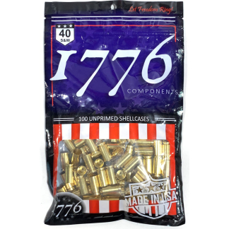 Bag of 100 unprimed brass shell casings from 1776 Components with patriotic red‑and‑white stripes, made in USA