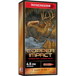 Box of Winchester Copper Impact ammunition featuring a running deer image and bold copper lettering; 6.5 PRC, 125 grain, Made in USA.