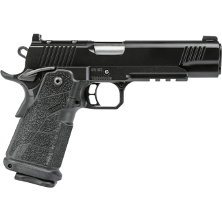 Side view of a black semi-automatic pistol with textured grip and serrated slide.