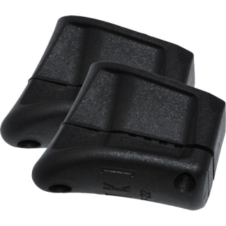 Pair of black plastic mounting clips with two screw holes.